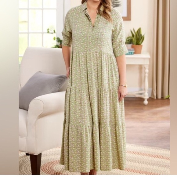 Tiered Floral Maxi Dress Pastel Green floral Sz L Prariecore Rayon - Picture 1 of 2